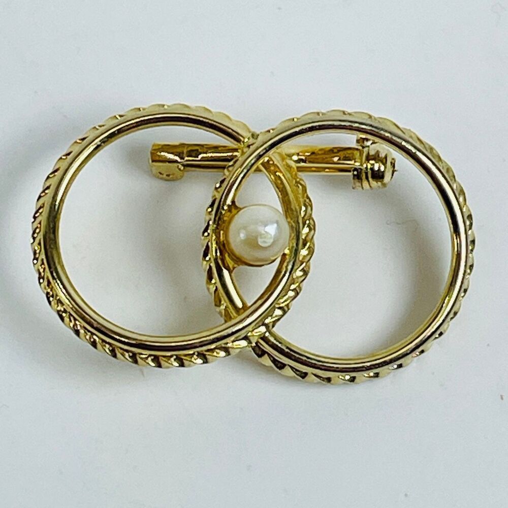 Gold Filled Interlocking Circles Brooch Pin 1.15" Rope Twist Faux Pearl 12K GF